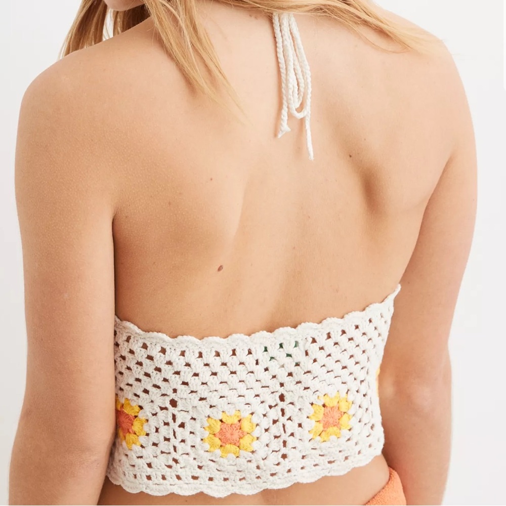 Aerie Crochet Textured Floral Cropped Halter Bra Top XS Neutral - Picture 2 of 9